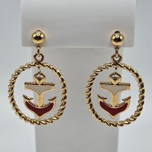 VINTAGE Avon Red Enamel Gold Tone Drop Anchor Nautical Dangle Earrings